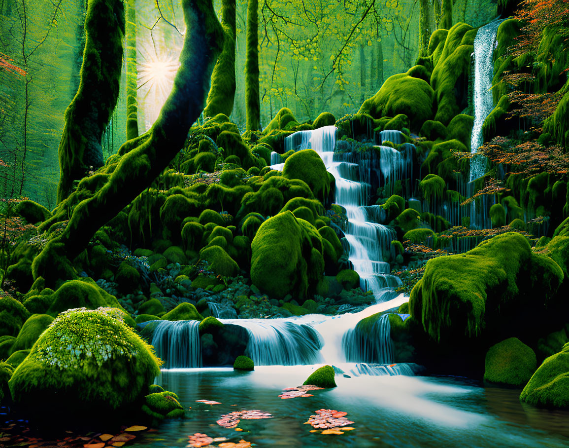 Tranquil waterfall in lush green forest