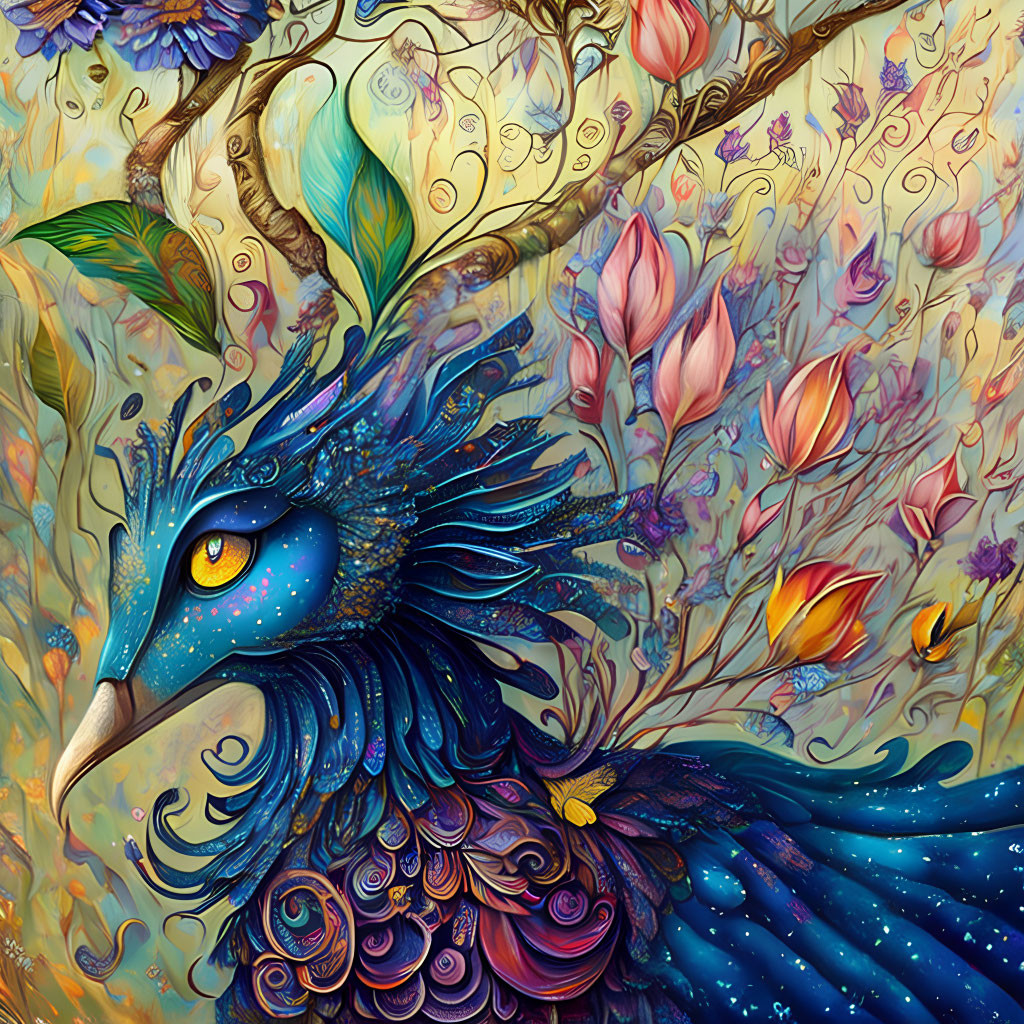Colorful Peacock Illustration with Blue and Purple Feathers
