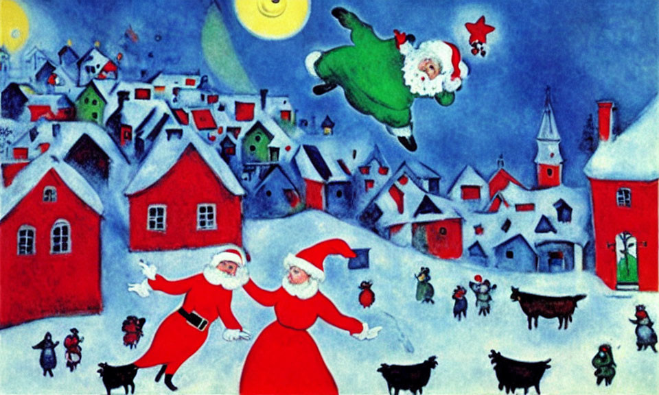 Multiple Santas in Snowy Village with Moonlit Sky and Villagers