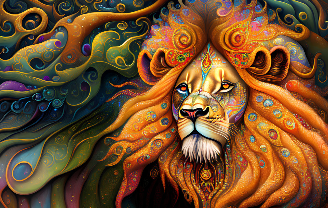 Colorful Stylized Lion Artwork with Abstract Patterns