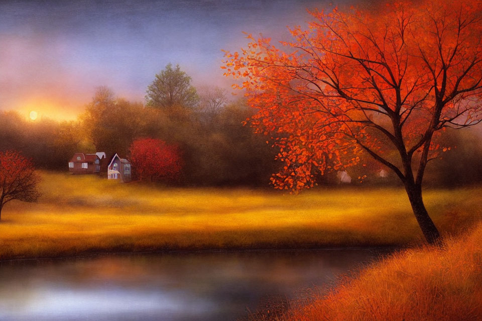 Tranquil autumn sunset scene with red tree, distant house, and river