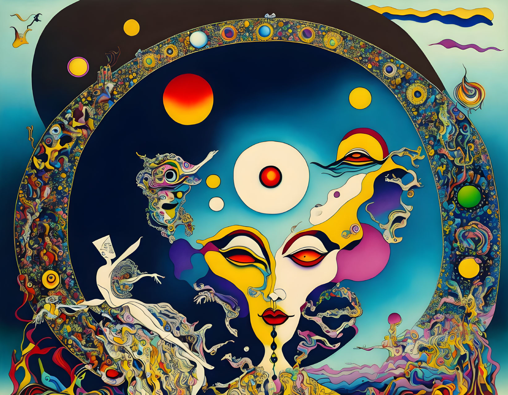 Colorful Abstract Artwork: Faces, Celestial Bodies, and Fluid Patterns