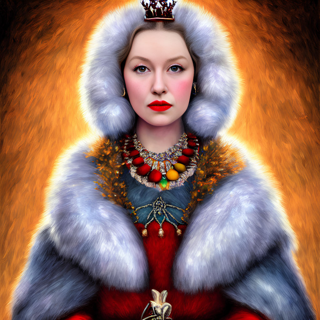 Regal woman in fur-trimmed cloak and crown with stern expression