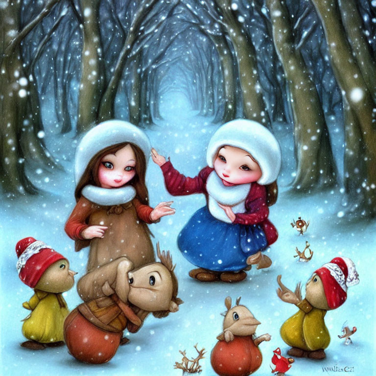 Animated girls in winter attire playing with creatures in snowy forest