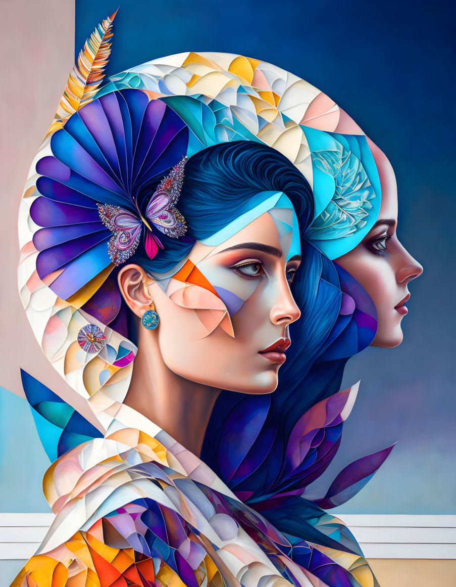 Colorful digital artwork: Two women with intricate feathered and butterfly wing patterns.