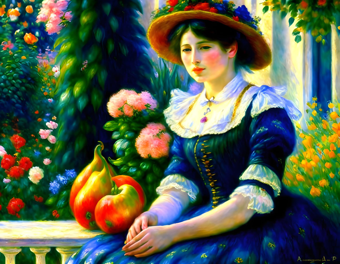 Vintage attire woman with gourd and colorful flowers in garden