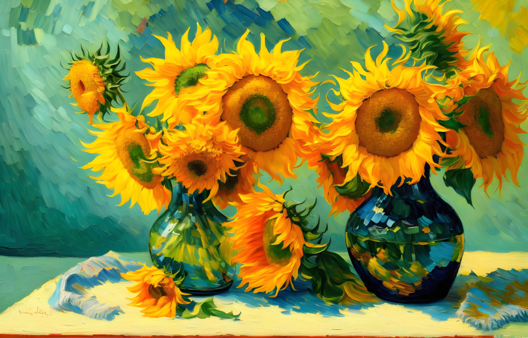 Sunflower painting with blue glass vases on table