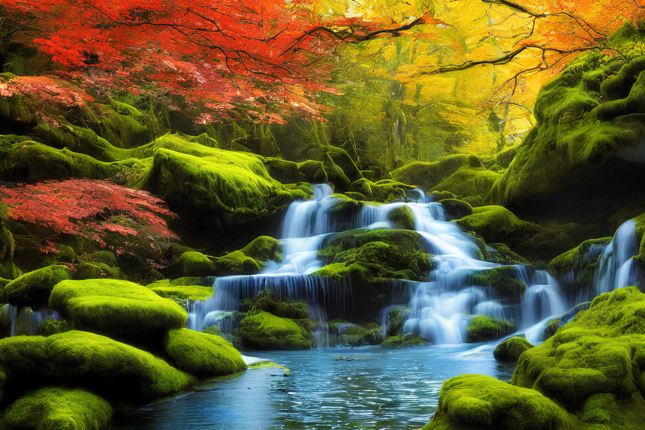 Tranquil autumn waterfall surrounded by lush greenery and moss-covered rocks
