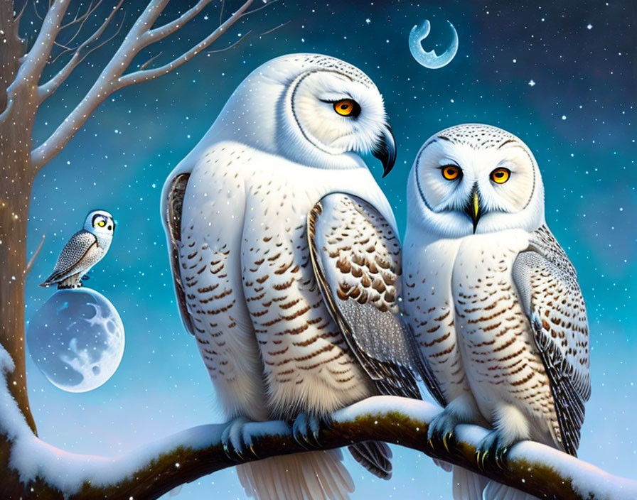 Snowy Owls on Branch with Night Sky and Crescent Moon