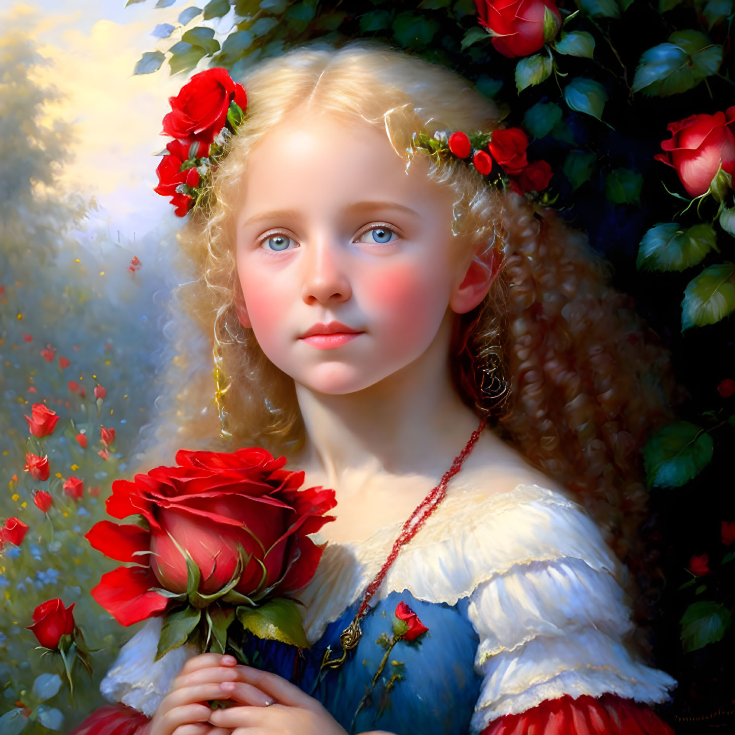Portrait of Young Girl with Blue Eyes and Curly Hair Holding Red Roses Bouquet