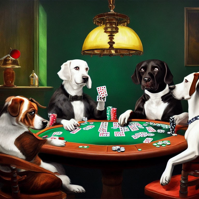 Canine poker game with cards and chips on green table