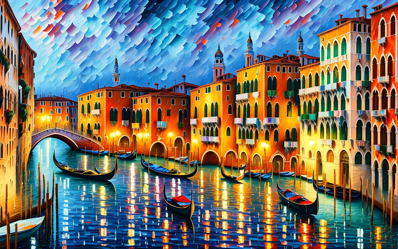 Colorful Venice cityscape with gondolas and vibrant sky