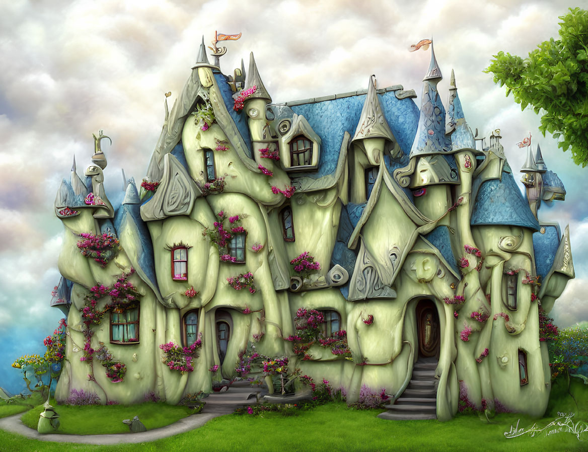 Whimsical fairytale house with green facade and pink flowers