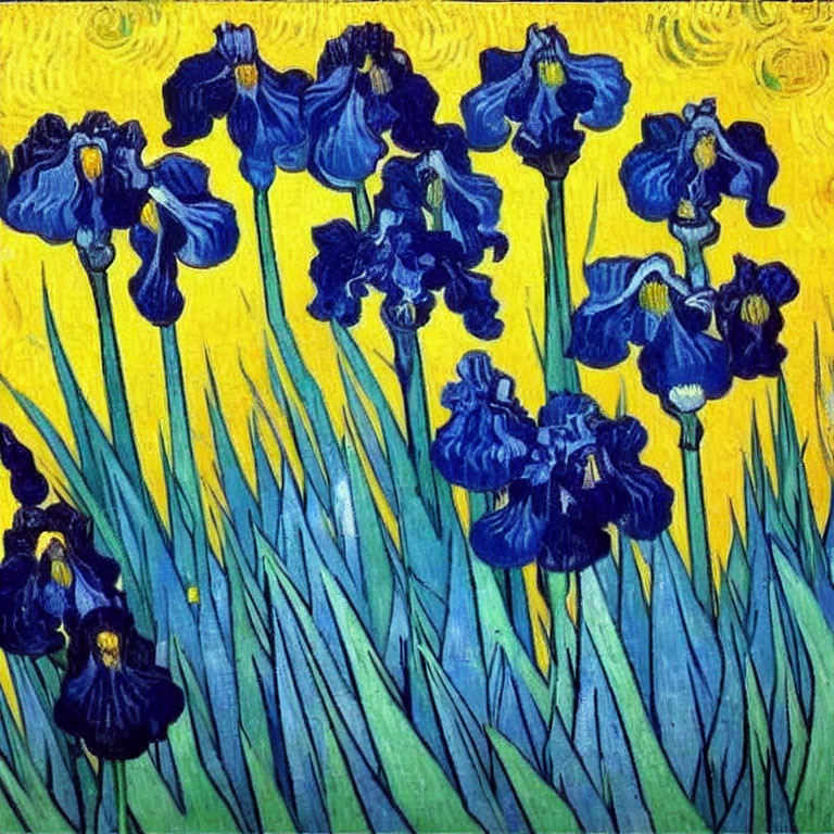 Colorful Post-Impressionist Painting of Blue Irises on Swirling Yellow Background
