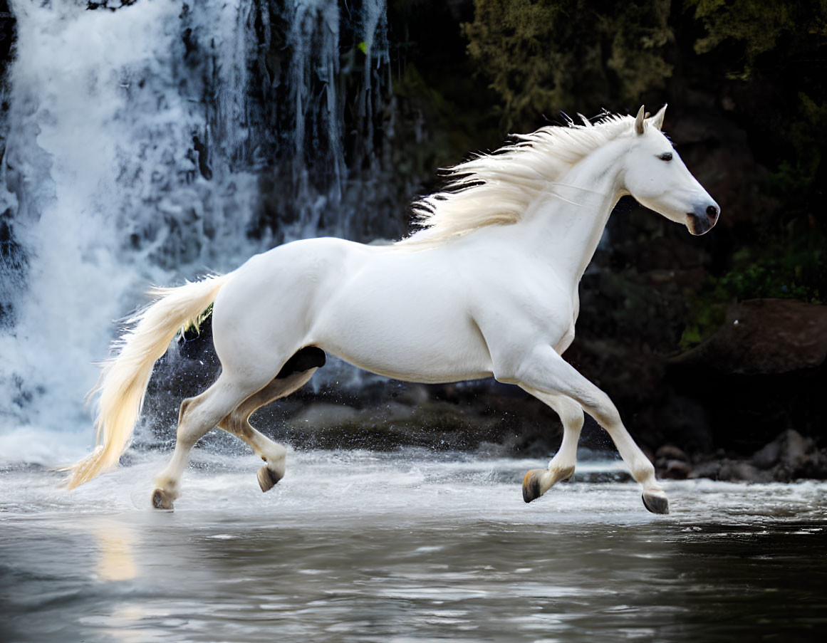 White Horse Galloping in Water with Waterfall Background