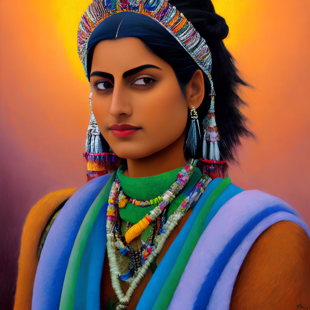 Portrait of Woman in Striking Blue Apparel and Traditional Jewelry