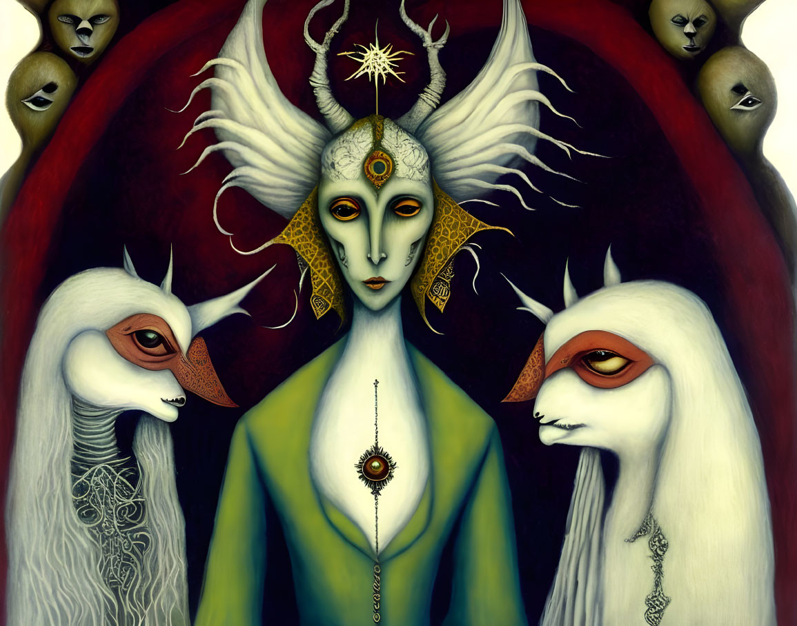 Surreal illustration of central figure with third eye and horn-like hair surrounded by masked entities