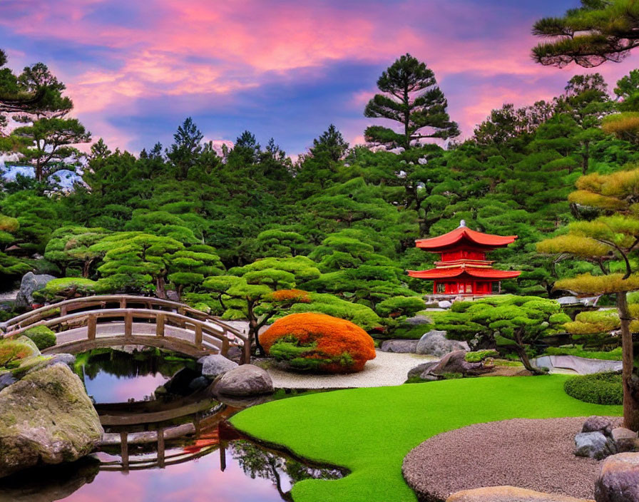 Tranquil Japanese garden with red pagoda, wooden bridge, stones, and sunset sky