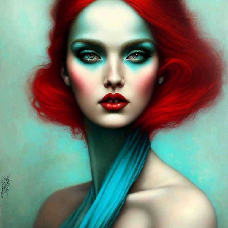 Vibrant red-haired woman with striking makeup and teal scarf portrait.