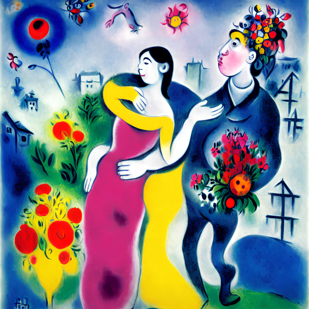 Vibrant painting of embracing couple in surreal setting