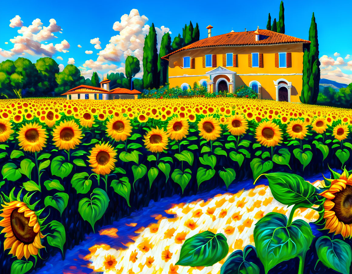 Colorful Tuscan Landscape with Sunflowers, Villa, and Cypress Trees
