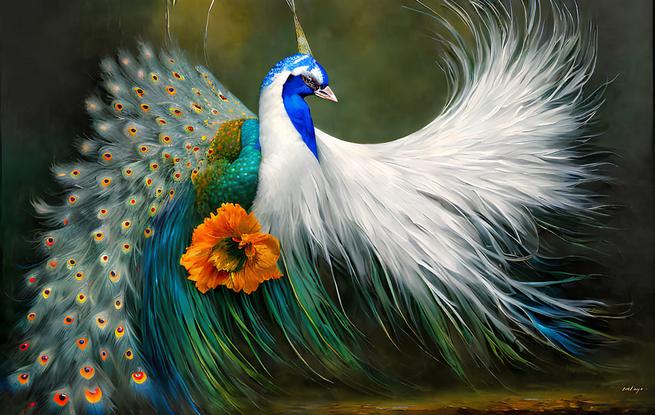 White Peacock with Vibrant Blue Neck and Tail Feathers Next to Orange Flower