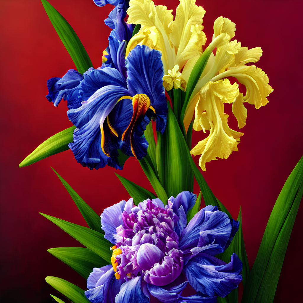 Colorful Floral Arrangement with Blue Irises, Yellow Gladioli, and Purple Peony on