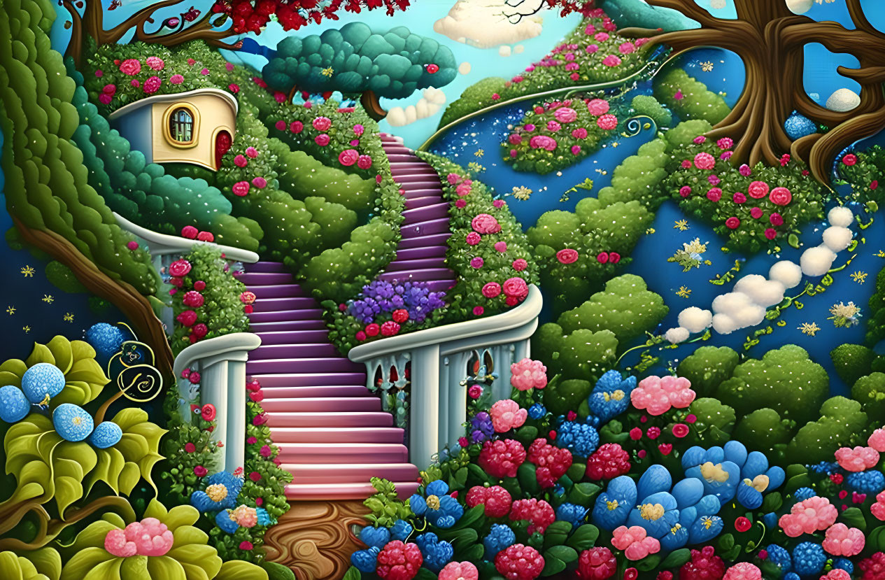 Colorful landscape with winding staircase, lush bushes, blue sky, fluffy clouds, and smiling moon.