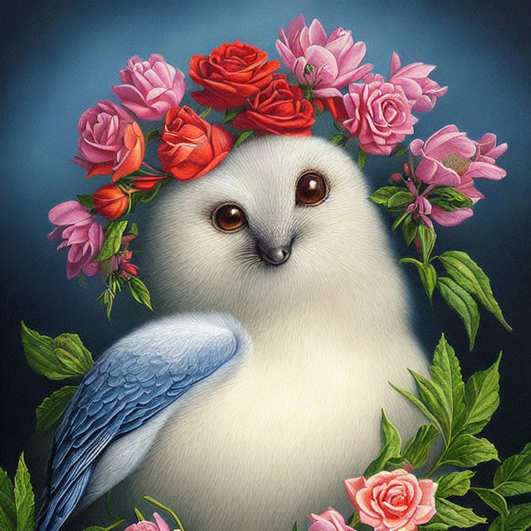 Surreal animal illustration with seal face and bird body amid colorful roses on blue background