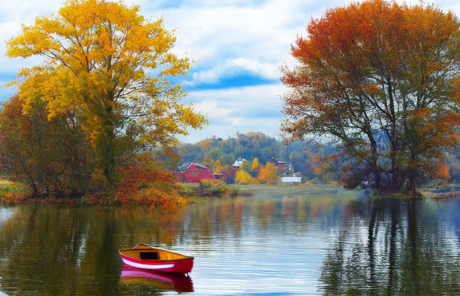 Tranquil autumn lake with vibrant trees and boat