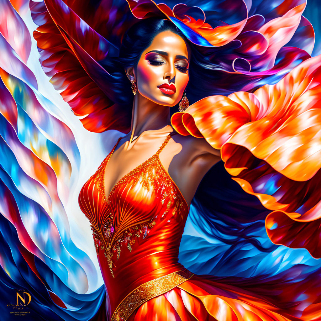Colorful digital artwork of woman in flowing red attire with swirling blue, red, and orange patterns