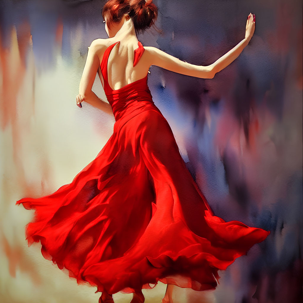Woman dancing passionately in flowing red dress with swirling hair and gown.