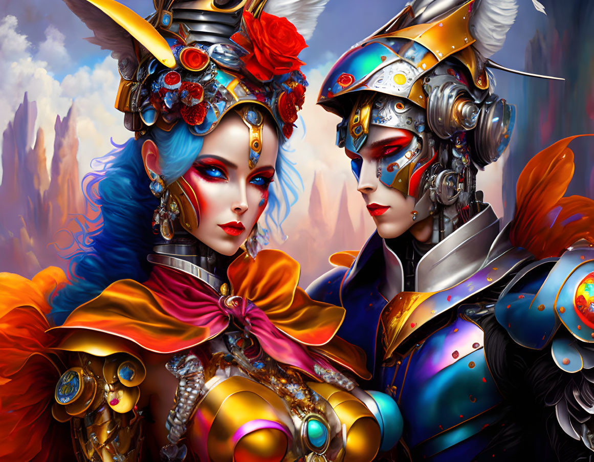 Futuristic armored characters with vibrant hair and bold makeup in mystical setting