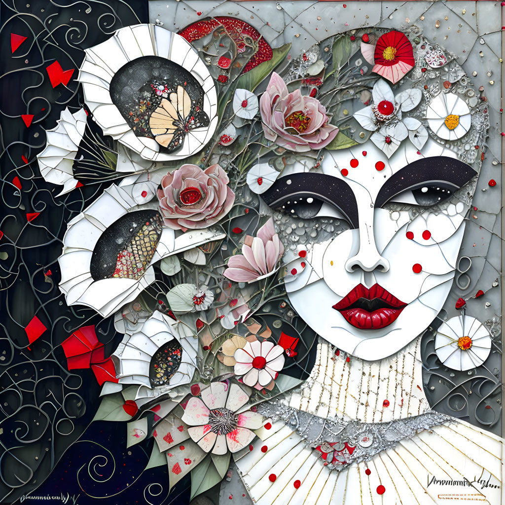 Monochrome portrait of a woman with red lips and Japanese motifs