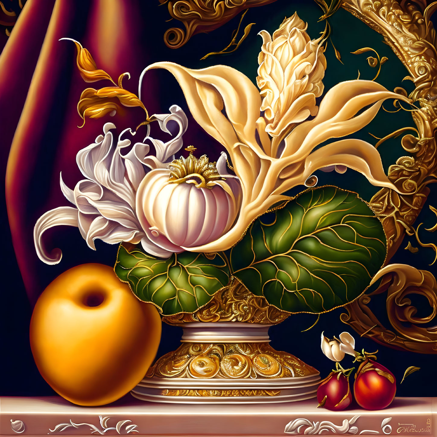 Colorful still life painting with golden frames, white flower, pumpkin, orange fruit, and red berries