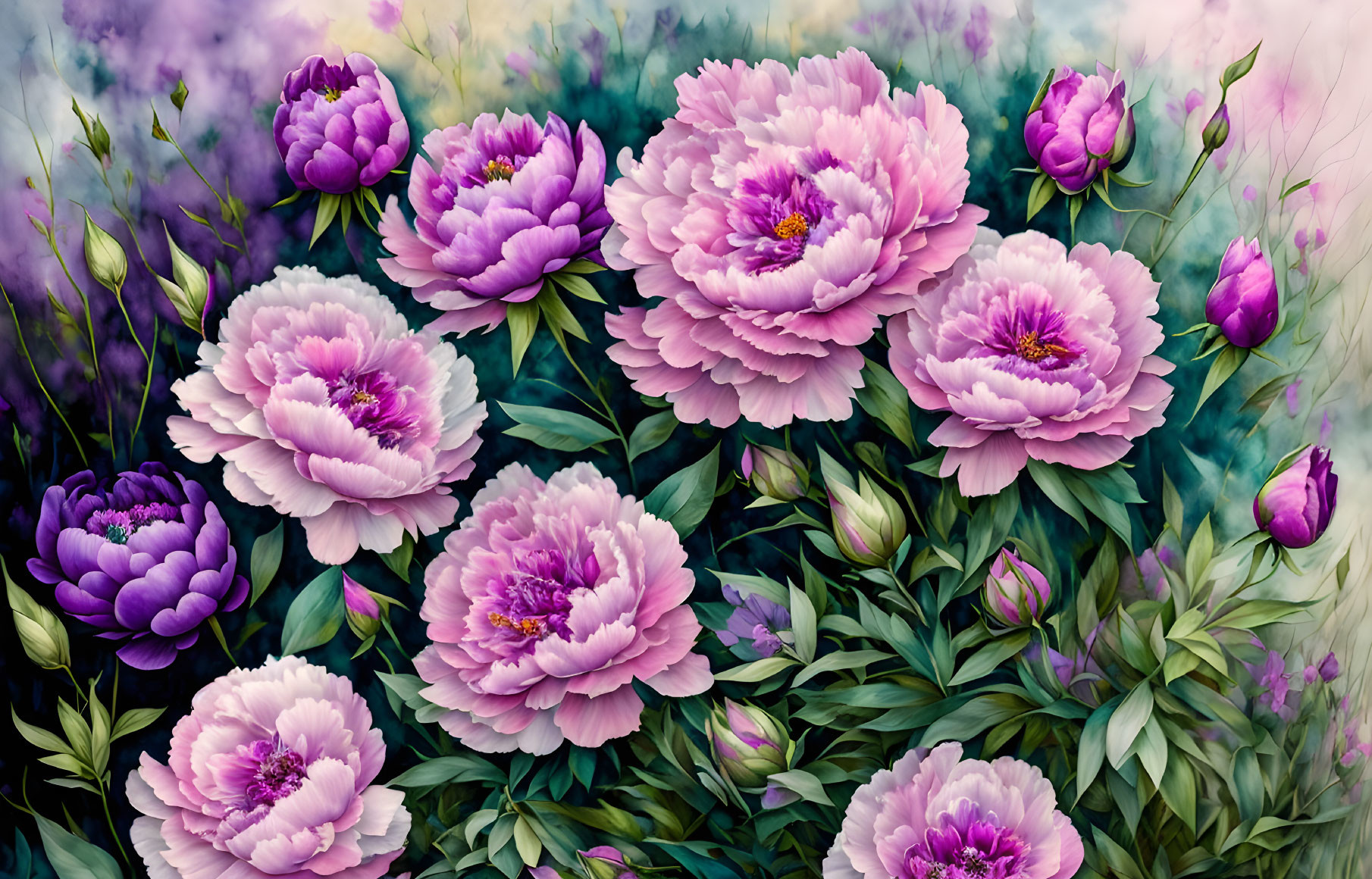 Colorful Peonies in Full Bloom with Pink and Purple Petals on Soft Background
