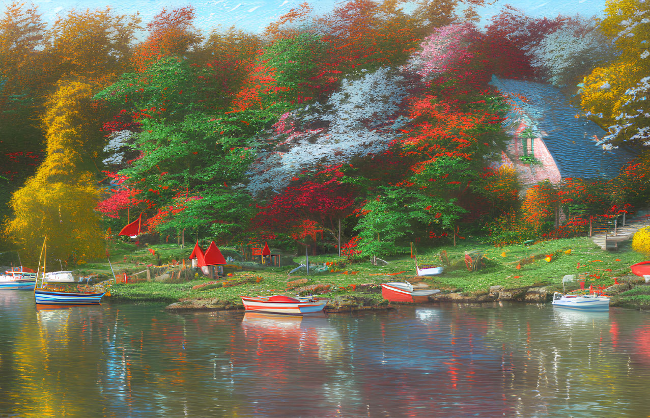 Tranquil autumn riverside landscape with colorful trees, moored boats, and quaint cottage.