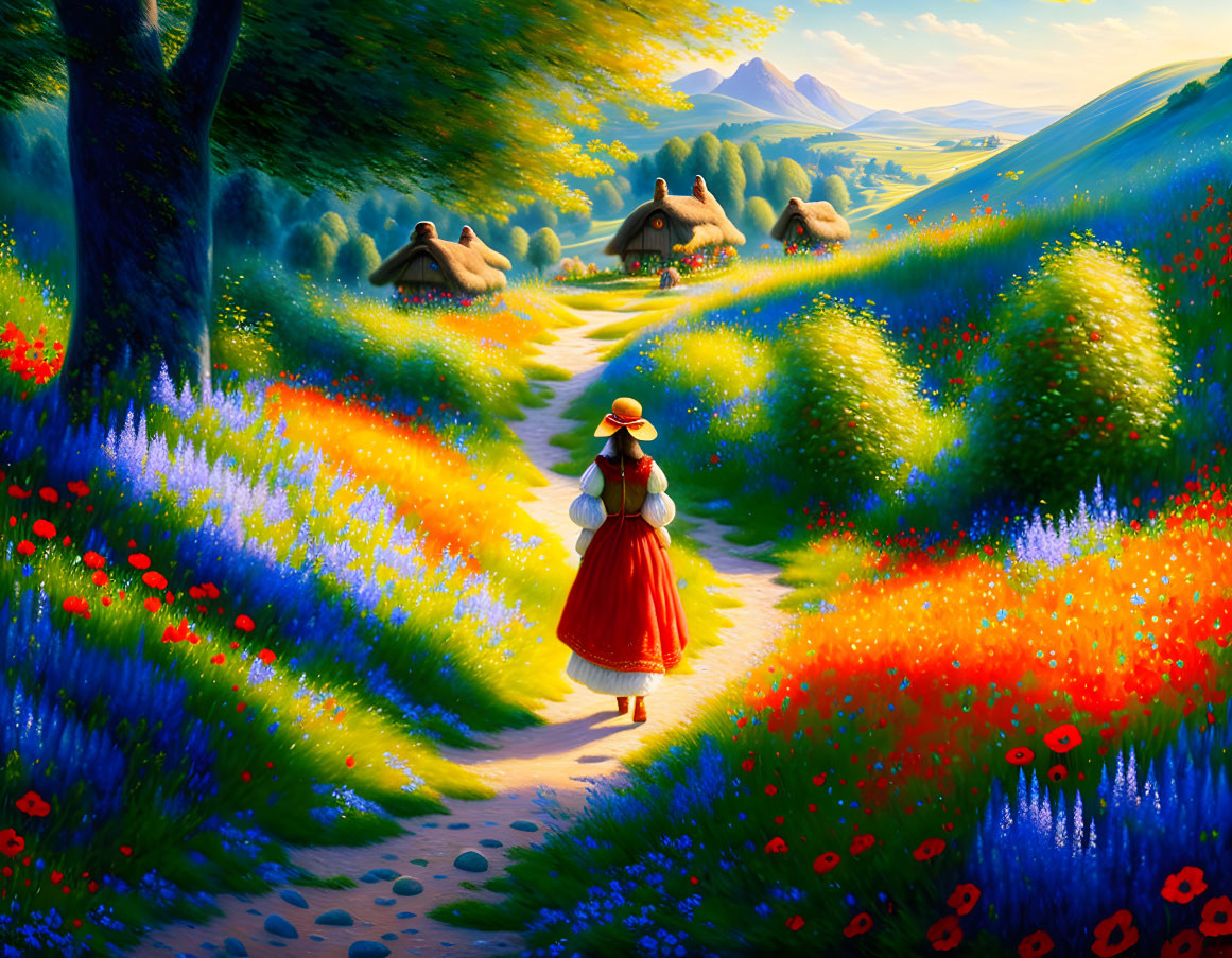 Person in Red Skirt Walking Among Colorful Wildflowers and Thatched-Roof Cottages