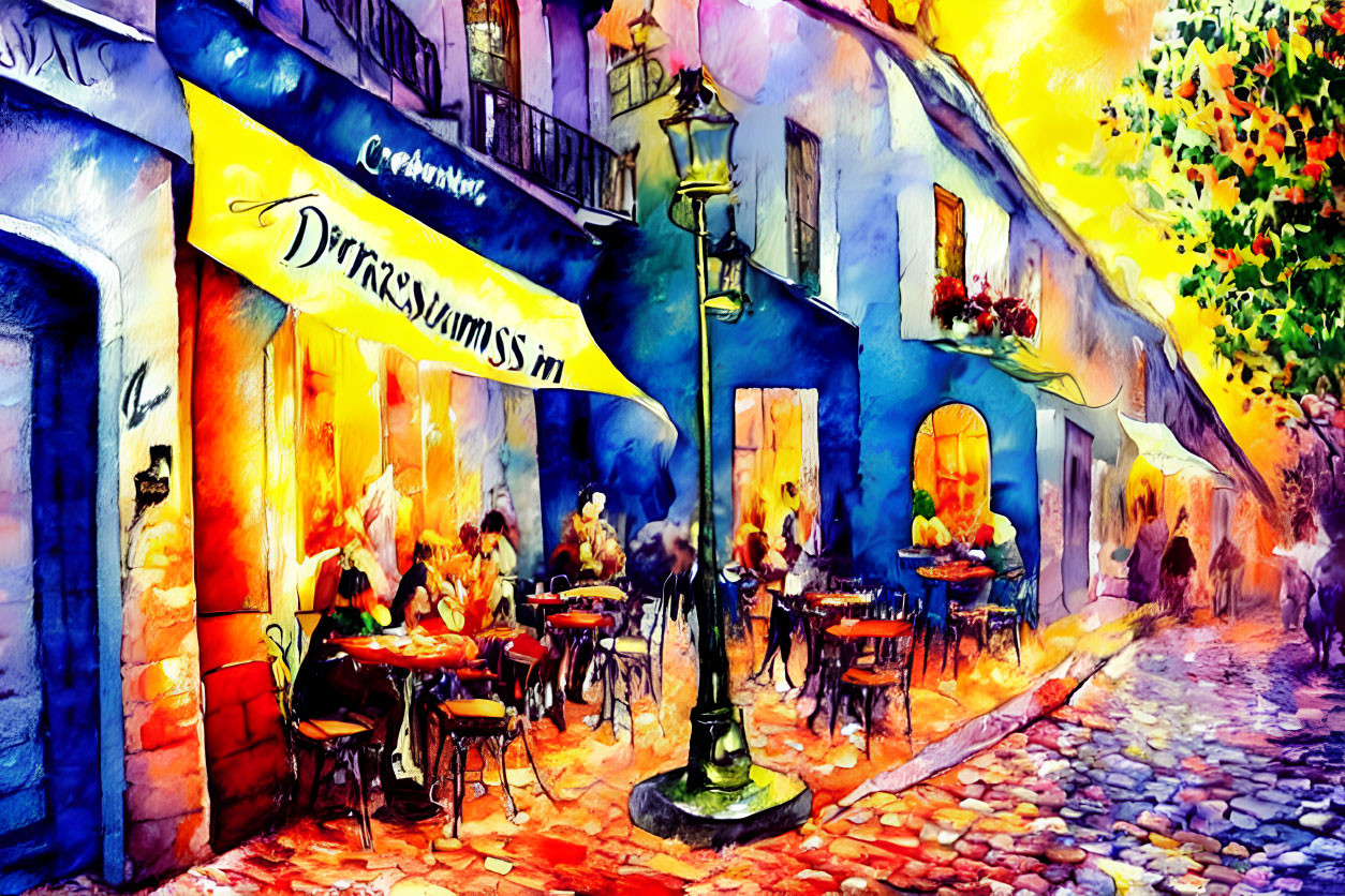 Colorful Watercolor Painting of European Street Café at Dusk