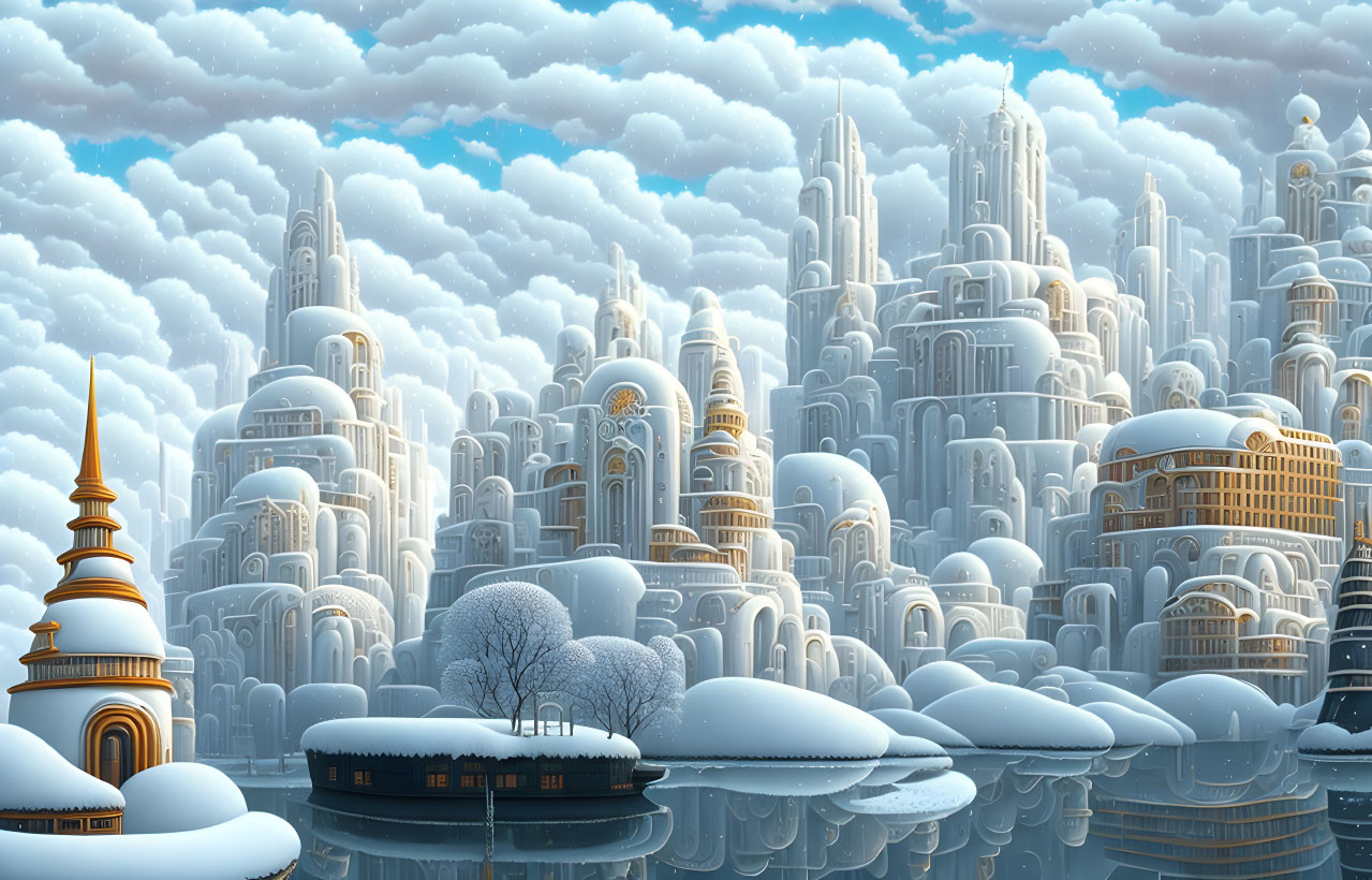 Snowy cityscape with elaborate white buildings reflected in water