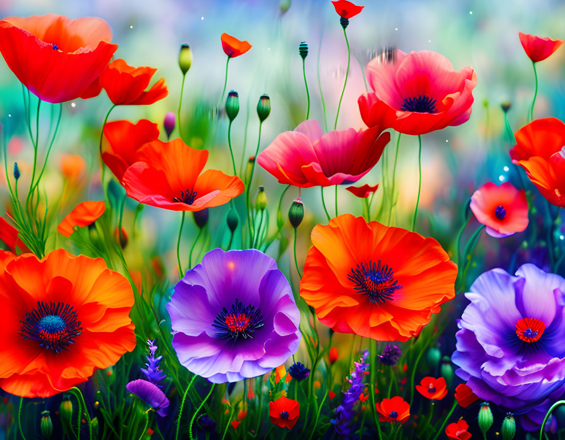 Colorful Red and Purple Poppies in Vibrant Field Against Green Background