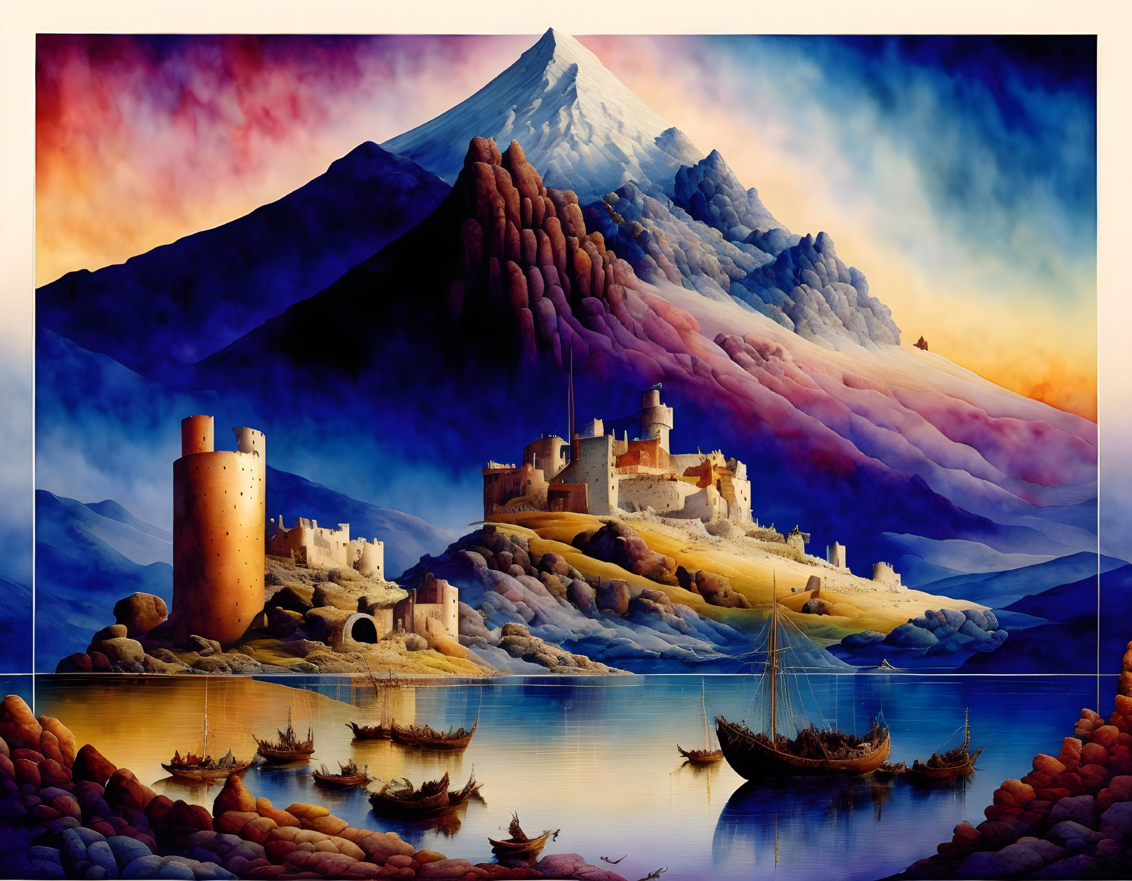 Medieval castle by a lake with boats under a snowy mountain in vibrant, colorful sky