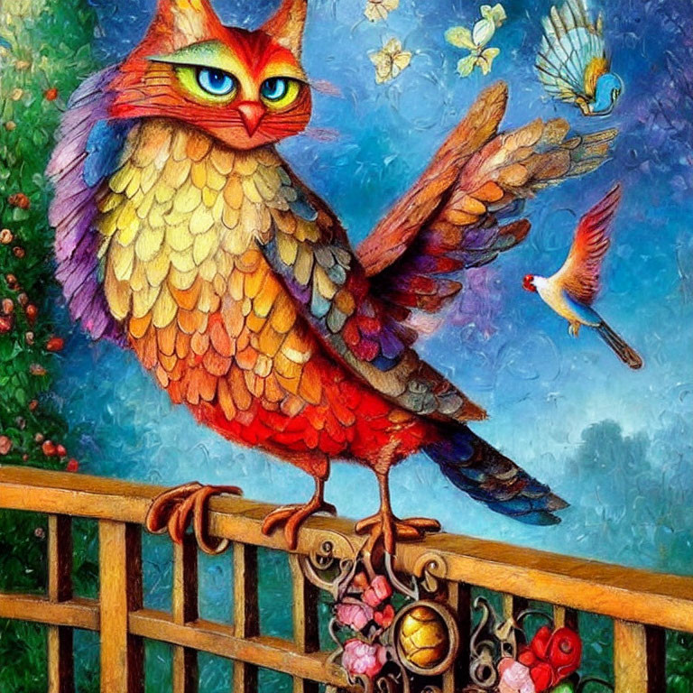 Colorful Painting of Owl-Cat Creature on Railing with Butterflies