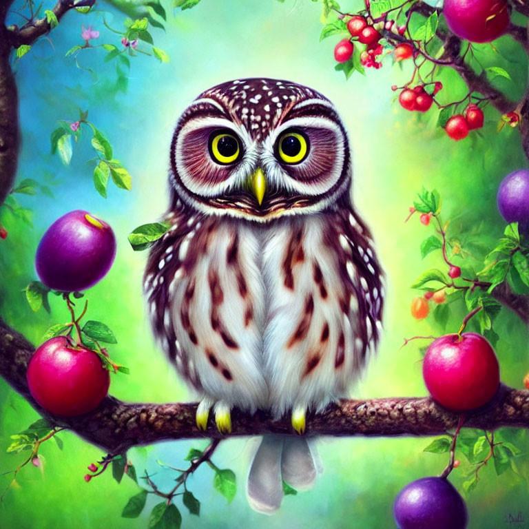 Whimsical owl on branch with large eyes amidst fruits and blossoms