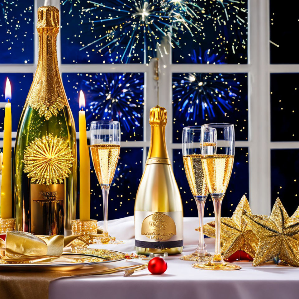 Elegant festive table setting with champagne, candles, and gold decorations