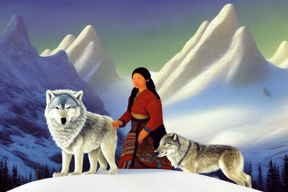 Woman in traditional attire with wolves under starry skies.