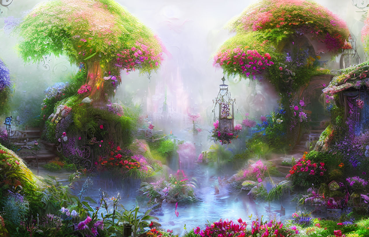 Enchanted forest with vibrant flowers, arched trees, mystical river, and lantern in foggy