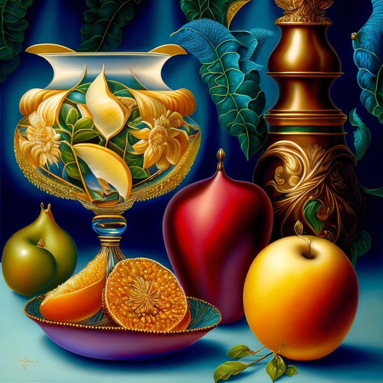 Colorful still life painting with fruits, vase, and green leaves in glossy finish