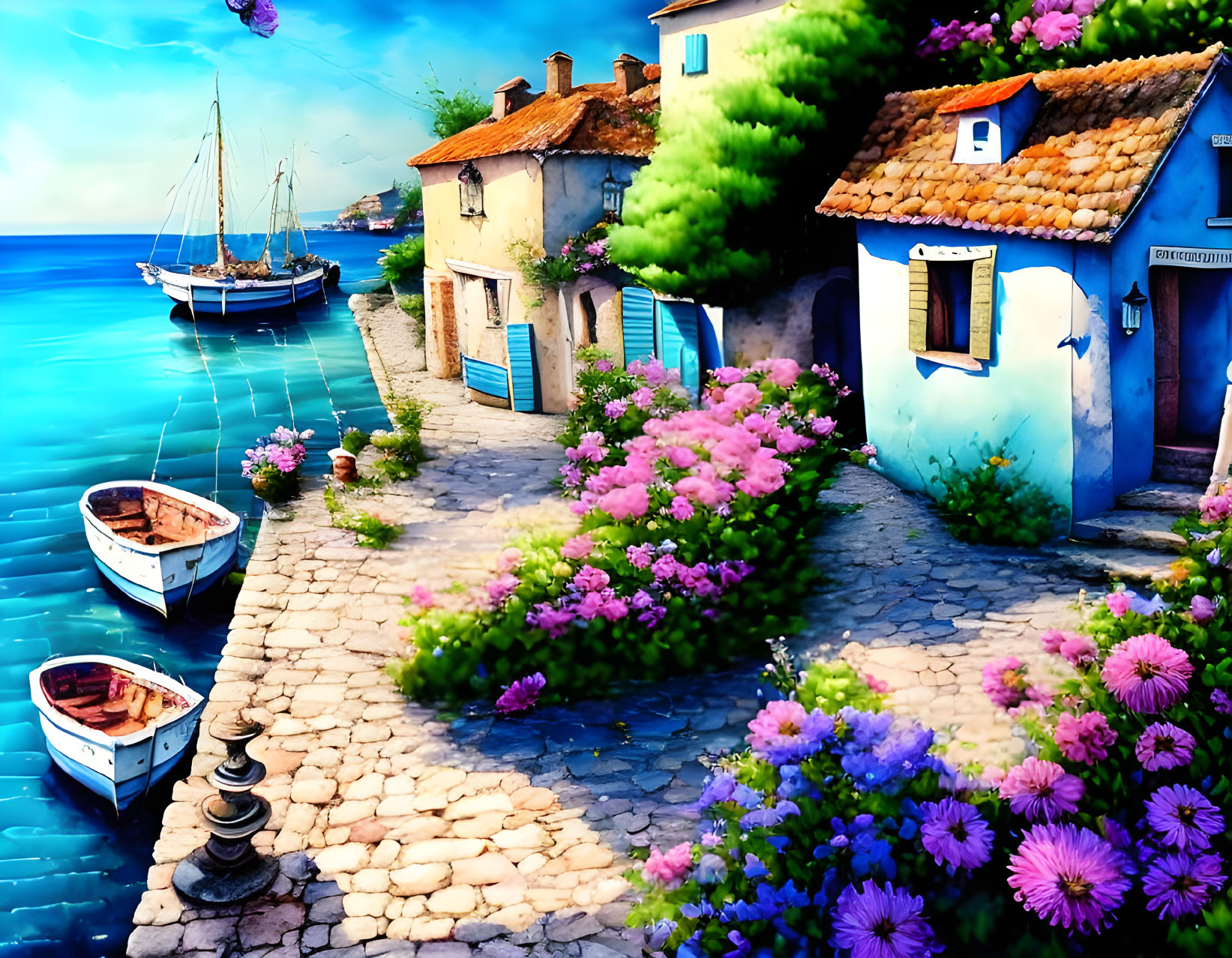 Colorful Coastal Scene with Houses, Flowers, Boats, and Cobblestone Waterfront