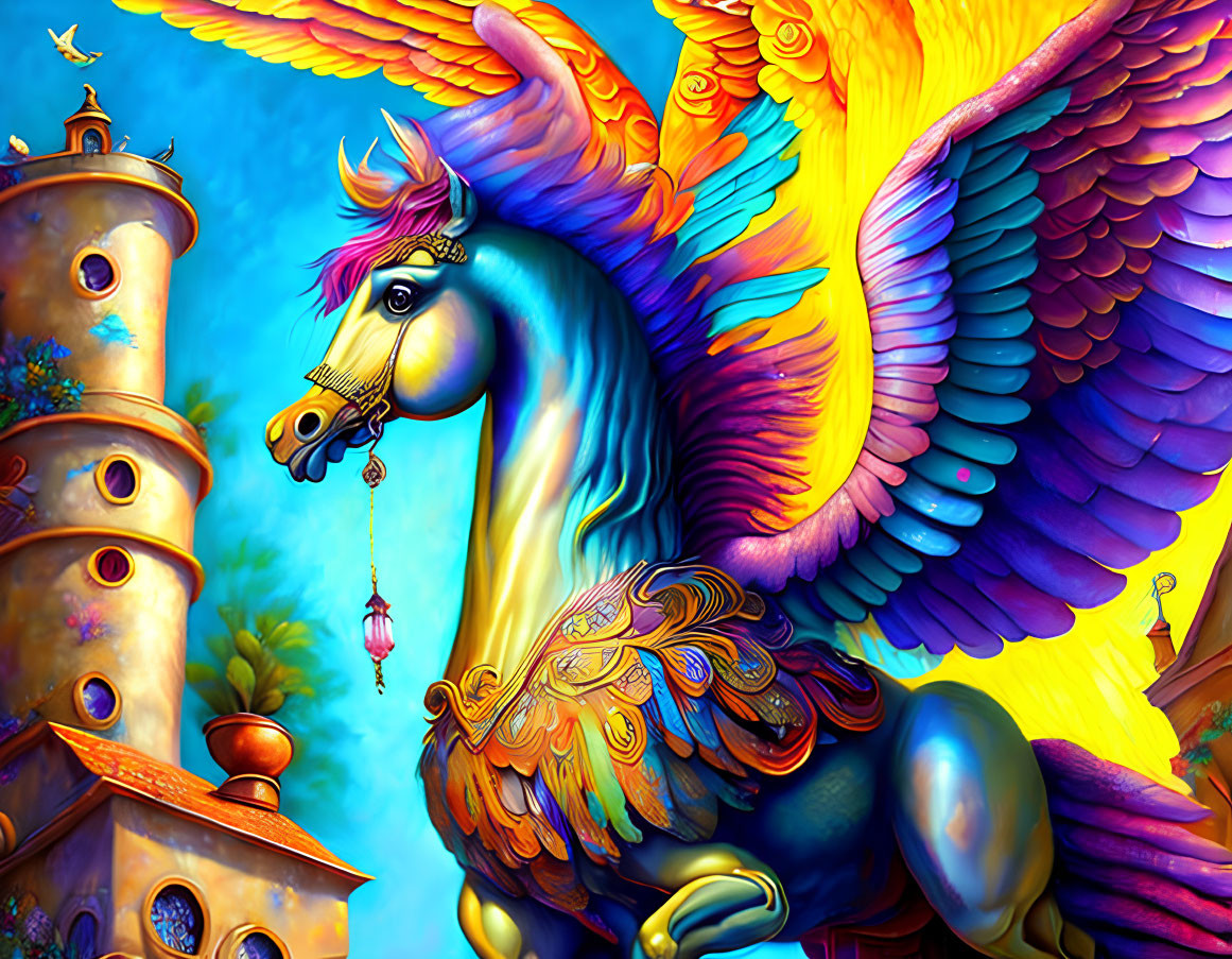 Colorful winged horse artwork with blue and orange feathers beside whimsical tower